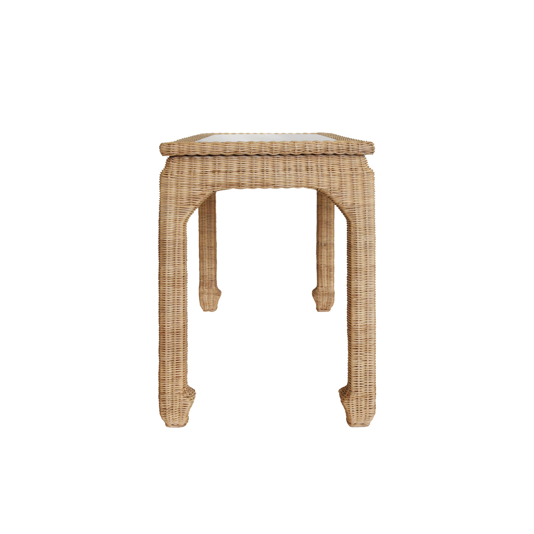 One Drawer Ming Style Desk In Woven Rattan With Glass Top - VERRA