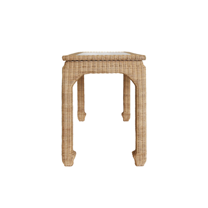One Drawer Ming Style Desk In Woven Rattan With Glass Top - VERRA