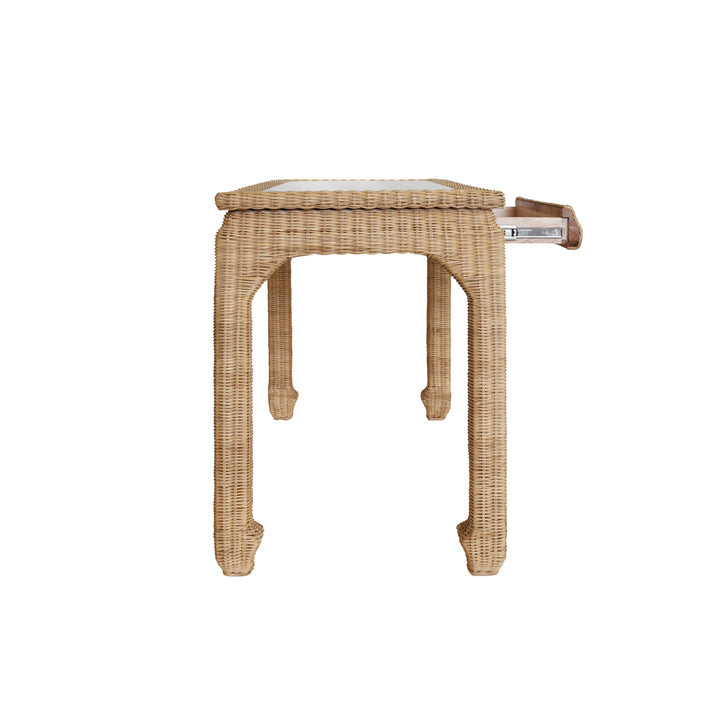 One Drawer Ming Style Desk In Woven Rattan With Glass Top - VERRA