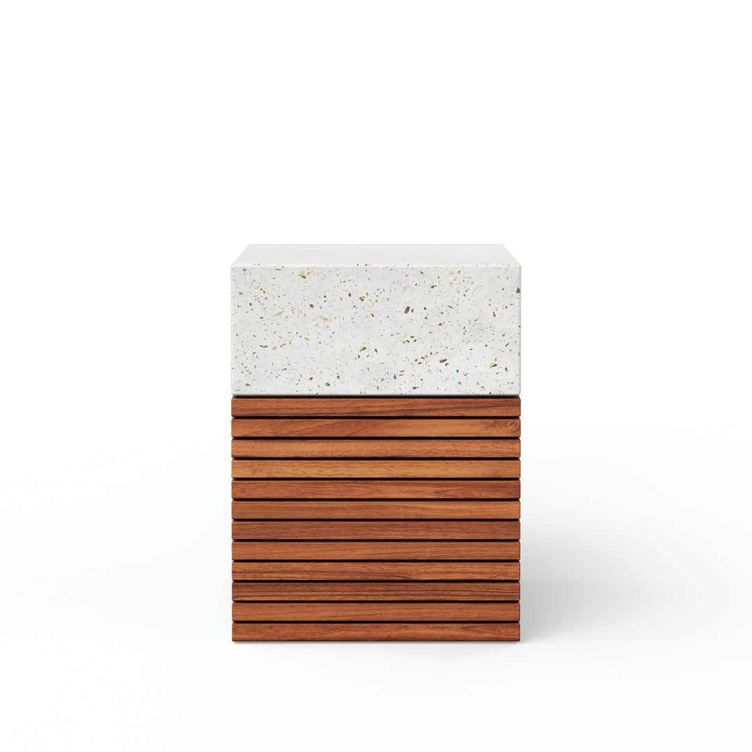Stecca Alto Concrete and Teak End Table - Ivory Terrazzo