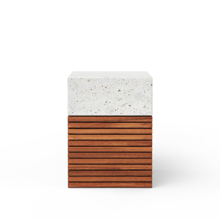 Stecca Alto Concrete and Teak End Table - Ivory Terrazzo