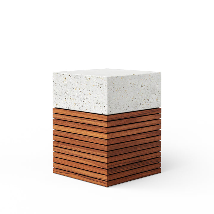 Stecca Alto Concrete and Teak End Table - Ivory Terrazzo
