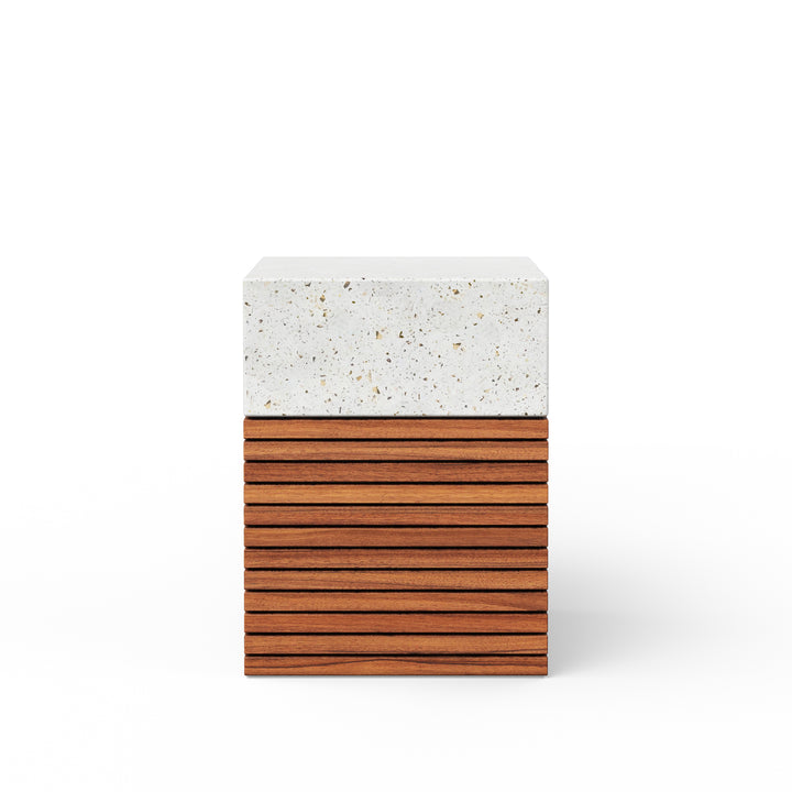 Stecca Alto Concrete and Teak End Table - Ivory Terrazzo