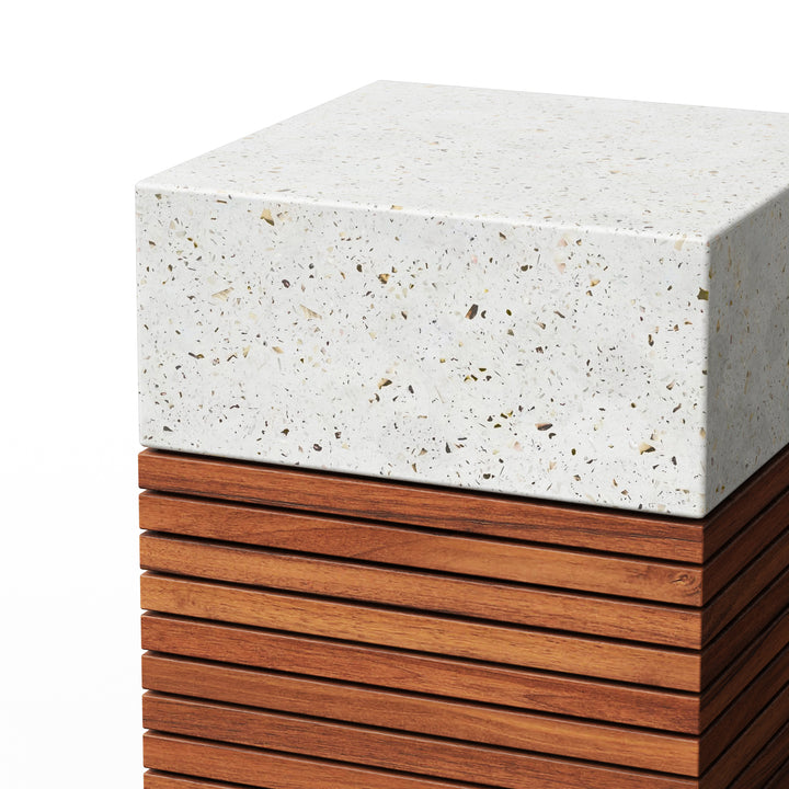 Stecca Alto Concrete and Teak End Table - Ivory Terrazzo