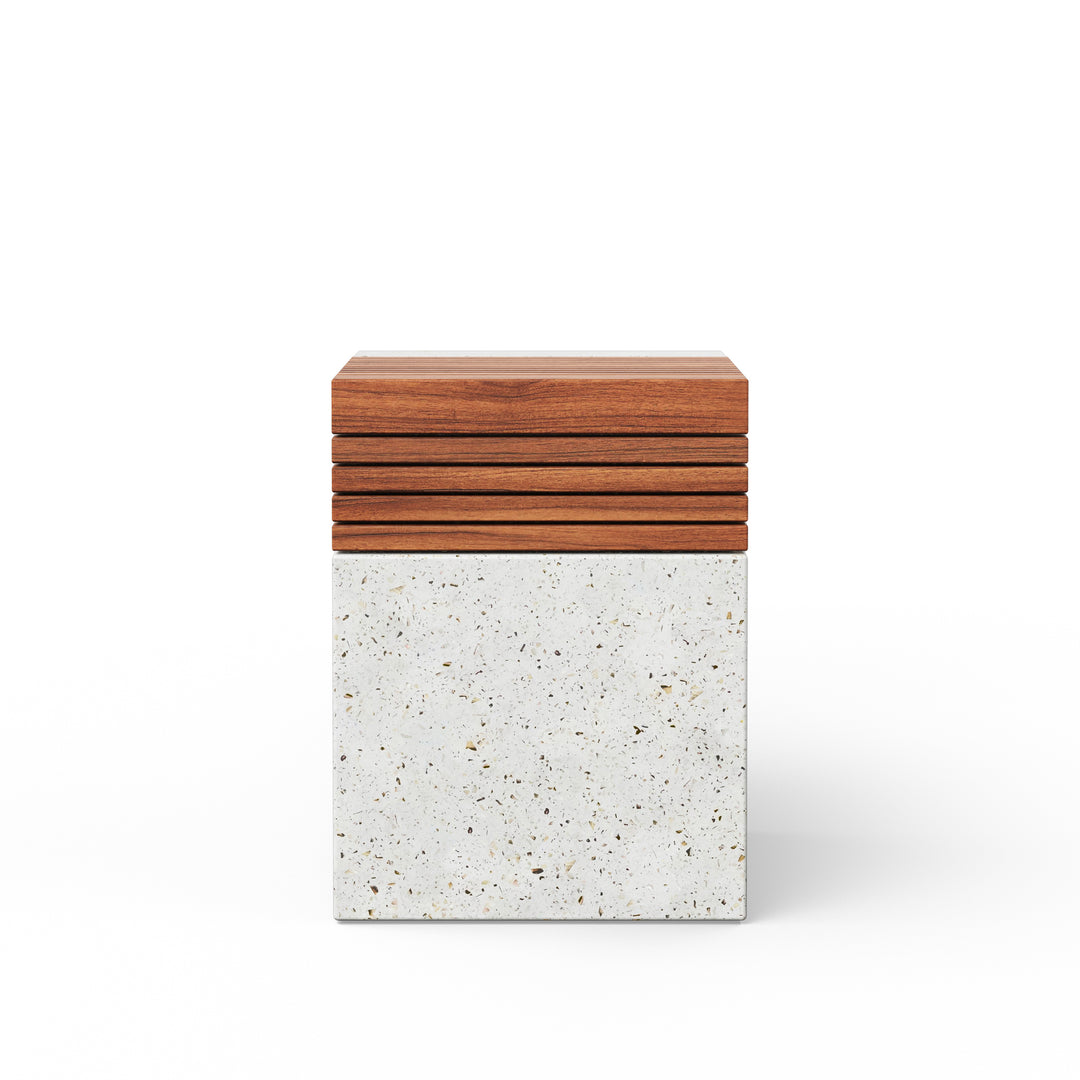 Stecca Cascata Concrete and Teak End Table - Ivory Terrazzo