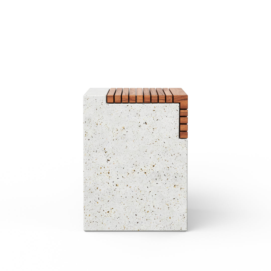 Stecca Cascata Concrete and Teak End Table - Ivory Terrazzo