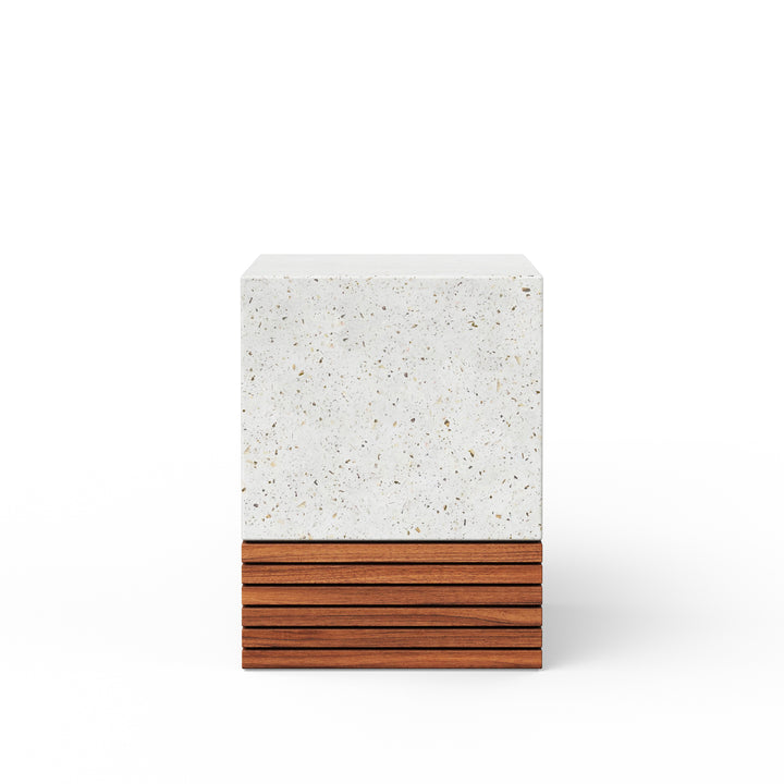 Stecca Corto Concrete and Teak End Table - Ivory Terrazzo
