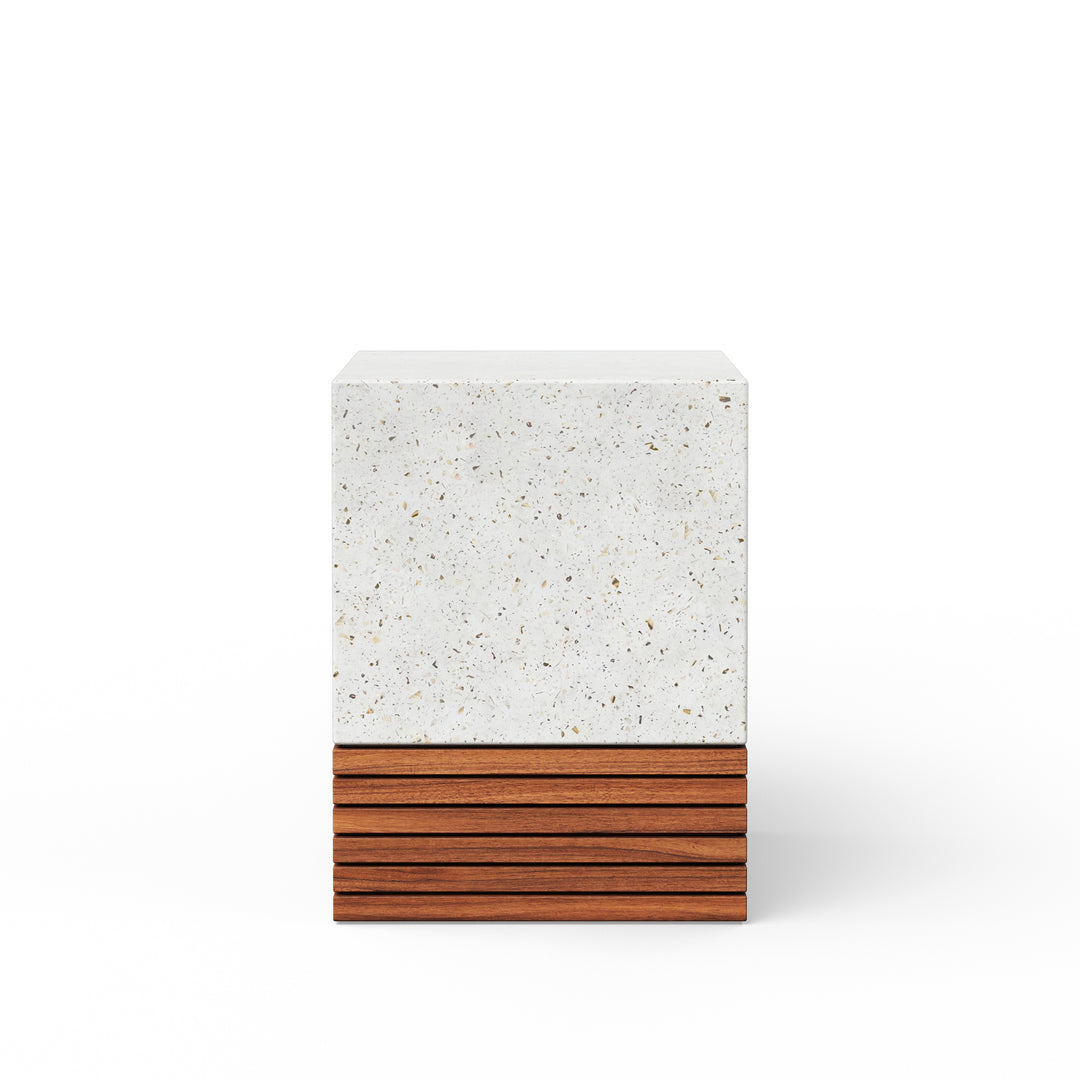 Stecca Corto Concrete and Teak End Table - Ivory Terrazzo