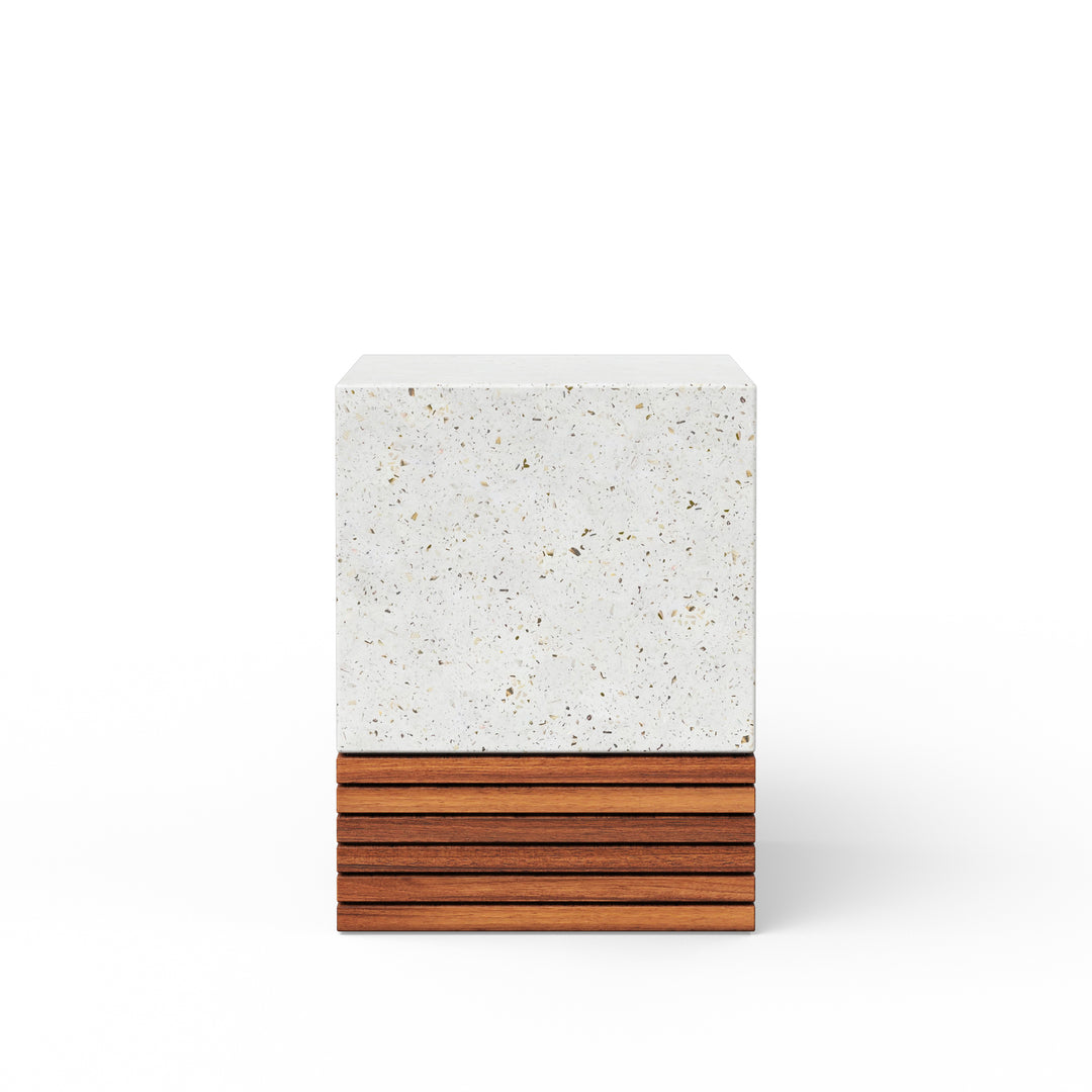 Stecca Corto Concrete and Teak End Table - Ivory Terrazzo