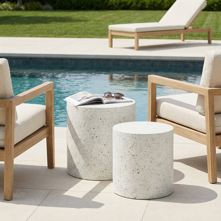 Una Indoor/Outdoor Concrete Pedestal (Set of 2) - Ivory Terrazzo lifestyle