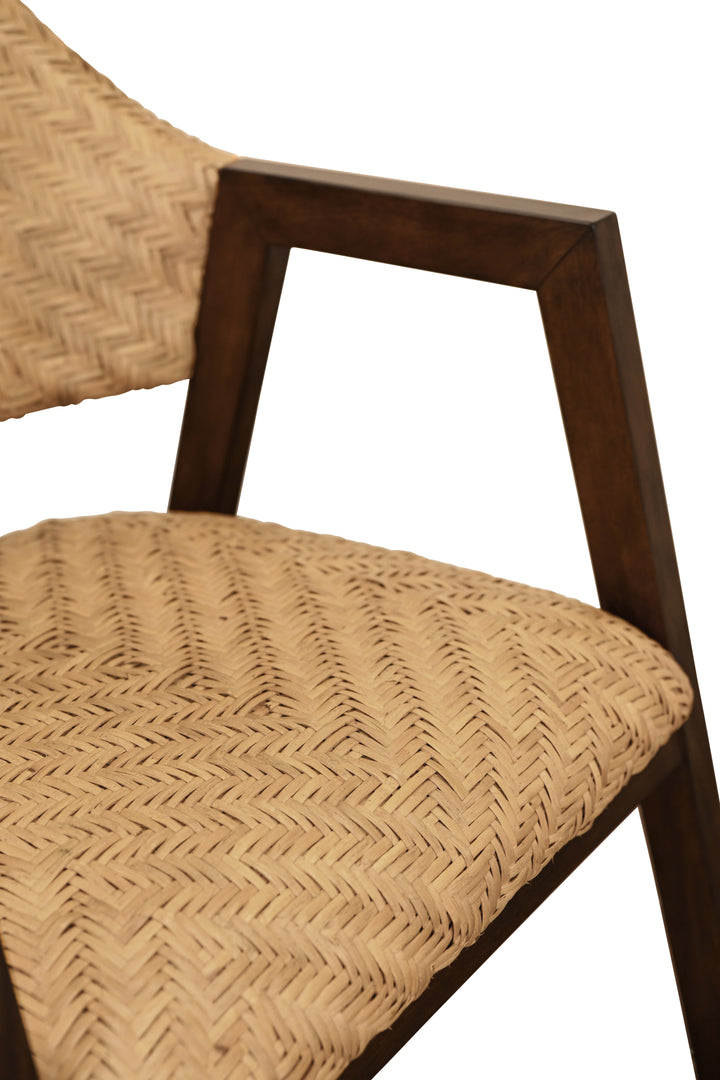 Round Back Armed Dining Chair With Woven Rattan Seat And Back Rest - WALTER