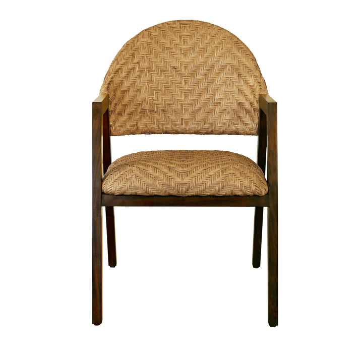 Round Back Armed Dining Chair With Woven Rattan Seat And Back Rest - WALTER