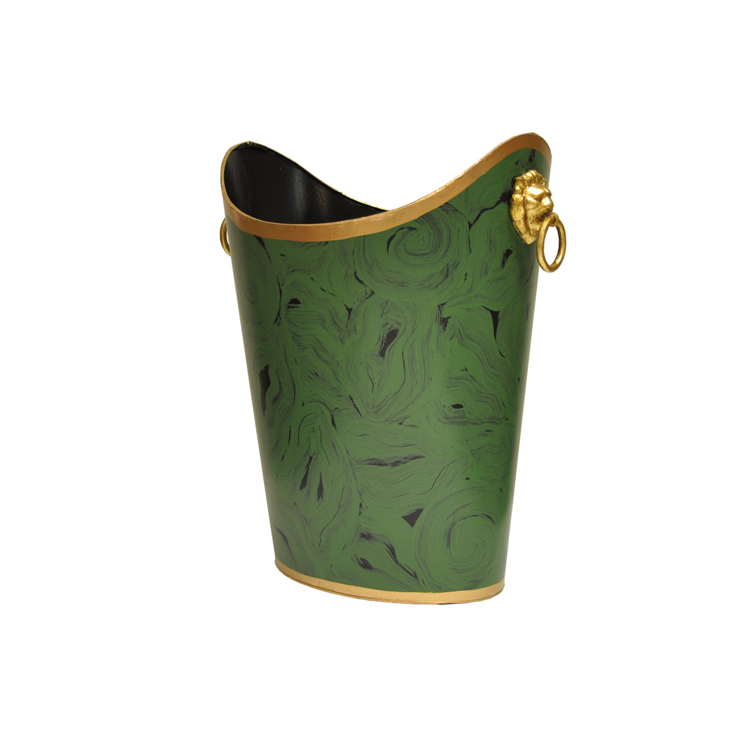 Oval Wastebasket With Lion Handles In Malachite - WBLIONOV MAL
