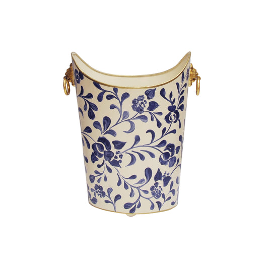 Oval Wastebasket With Lion Handles In Navy Vine - WBLIONOV VINE