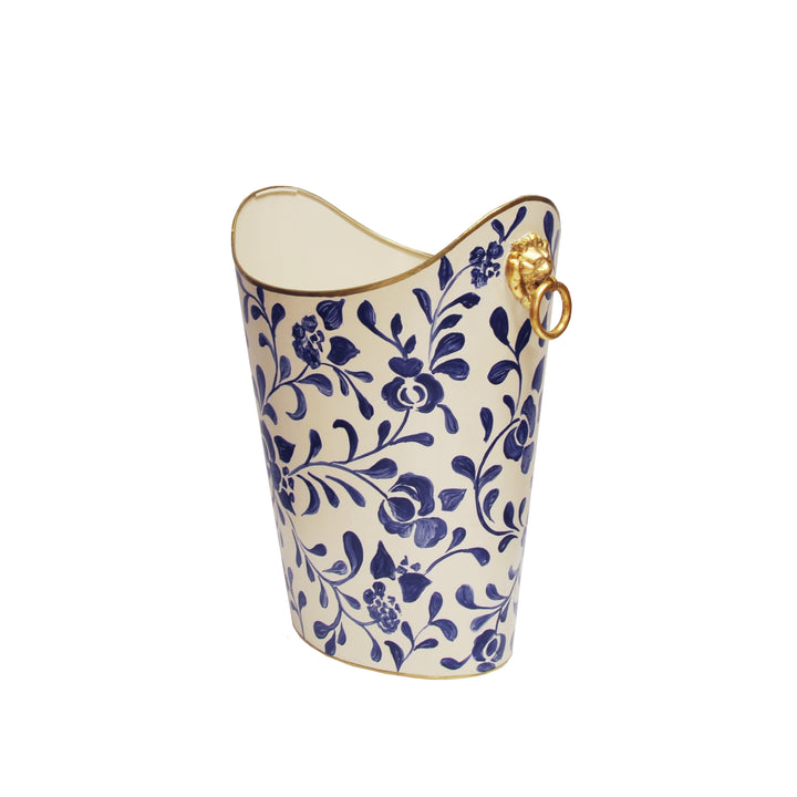 Oval Wastebasket With Lion Handles In Navy Vine - WBLIONOV VINE