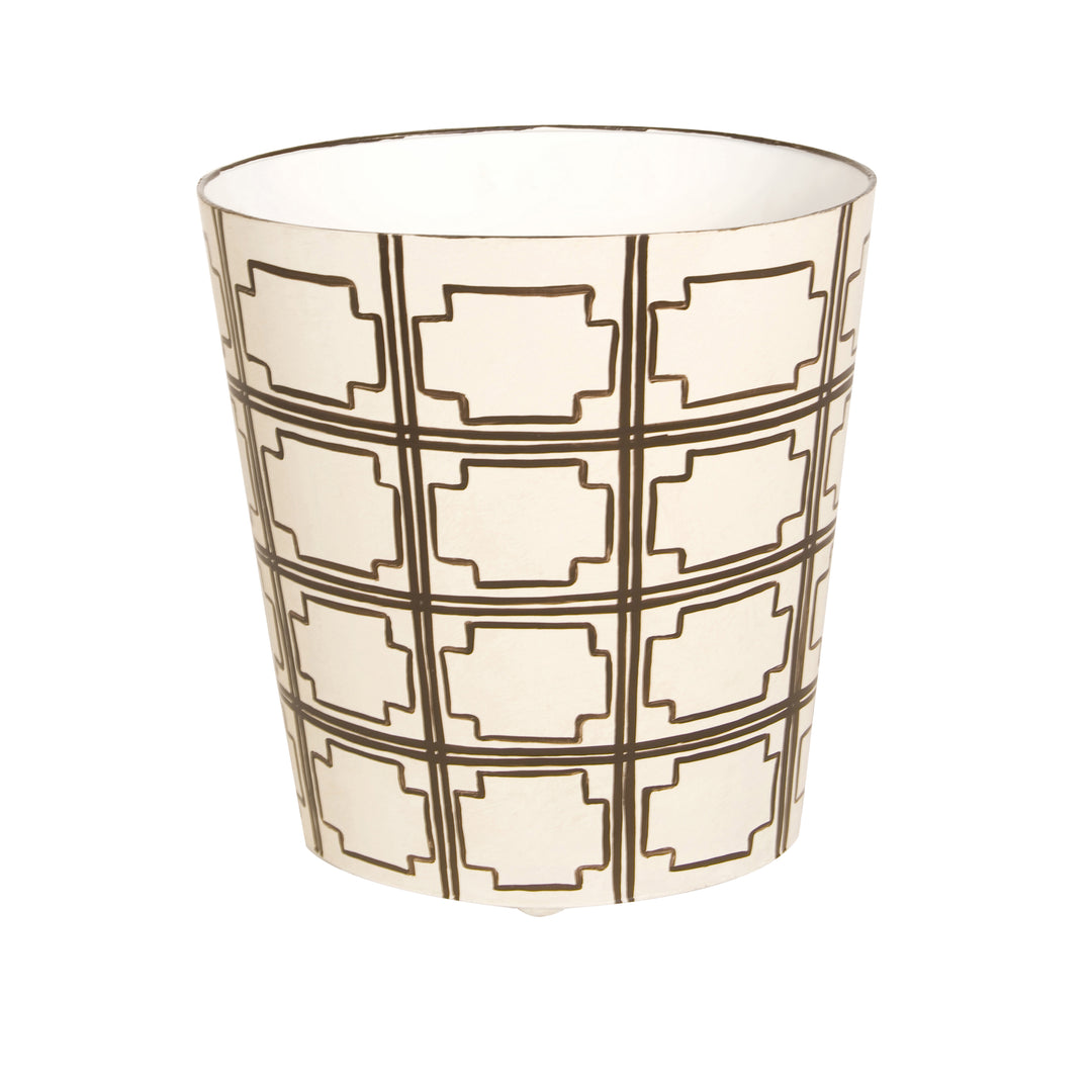 Oval Wastebasket Cream/Brn Sqrs - WBSQUAREDBR