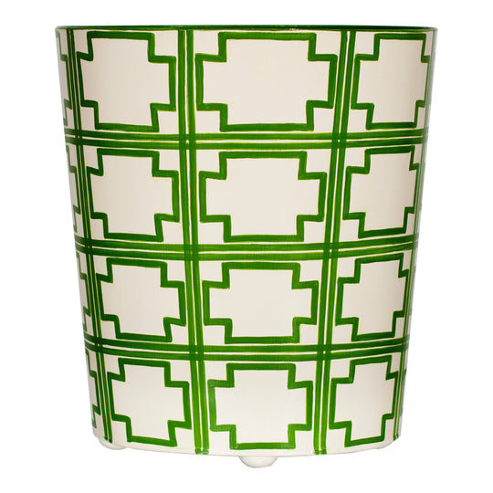 Oval Wastebasket Cream/Green Sqrs - WBSQUAREDGR