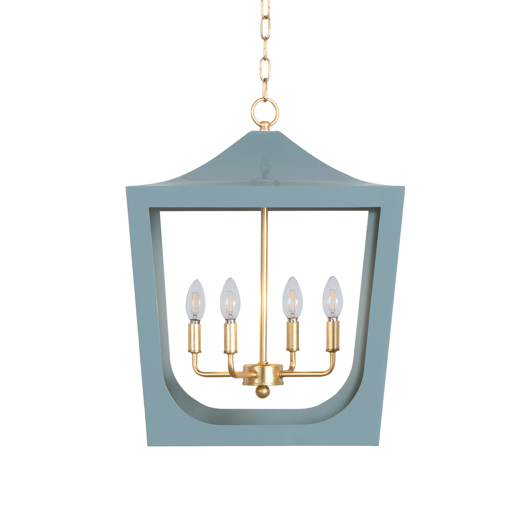 Modern Pagoda Lantern With Four Light Gold Leaf Cluster, Body In Light Blue Powder Coat
 - WIMBLE GBL