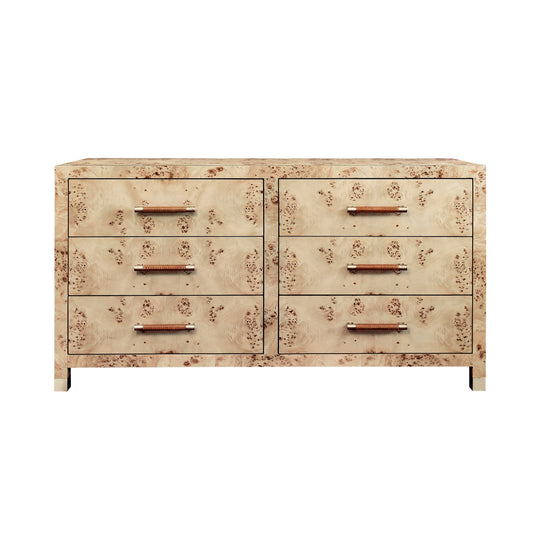 Six Drawer Chest With Rattan Wrapped Handles In Burl Wood - WINCHESTER BW