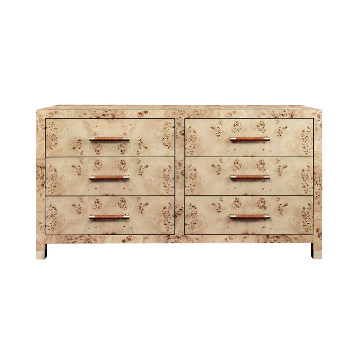 Six Drawer Chest With Rattan Wrapped Handles In Burl Wood - WINCHESTER BW
