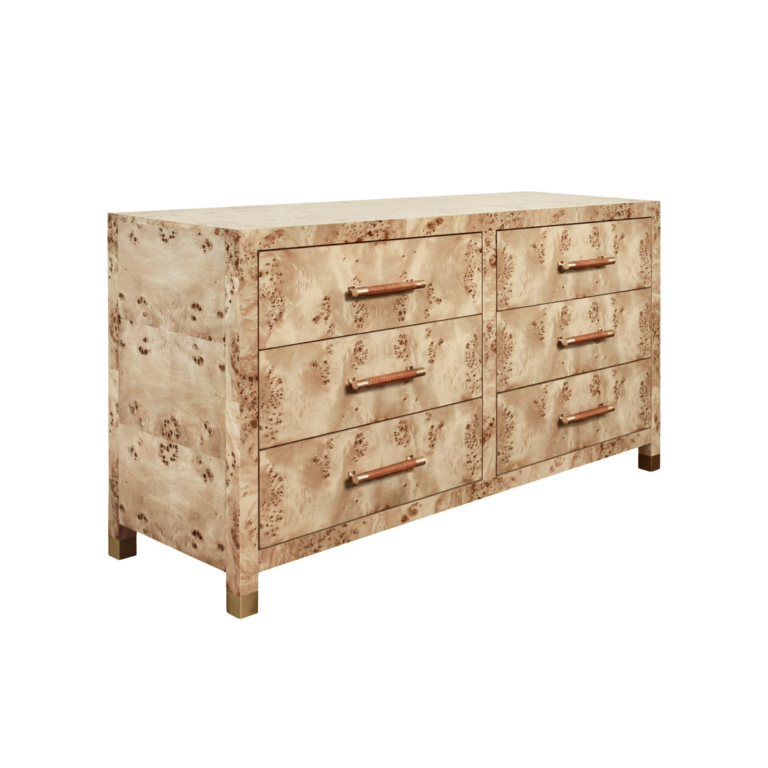 Six Drawer Chest With Rattan Wrapped Handles In Burl Wood - WINCHESTER BW