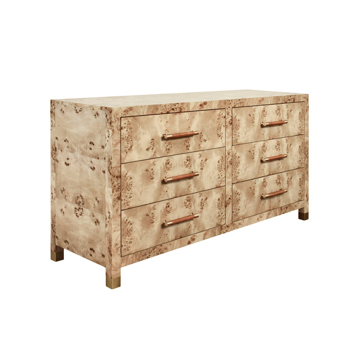 Six Drawer Chest With Rattan Wrapped Handles In Burl Wood - WINCHESTER BW