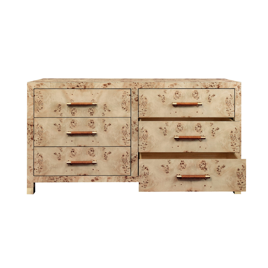 Six Drawer Chest With Rattan Wrapped Handles In Burl Wood - WINCHESTER BW