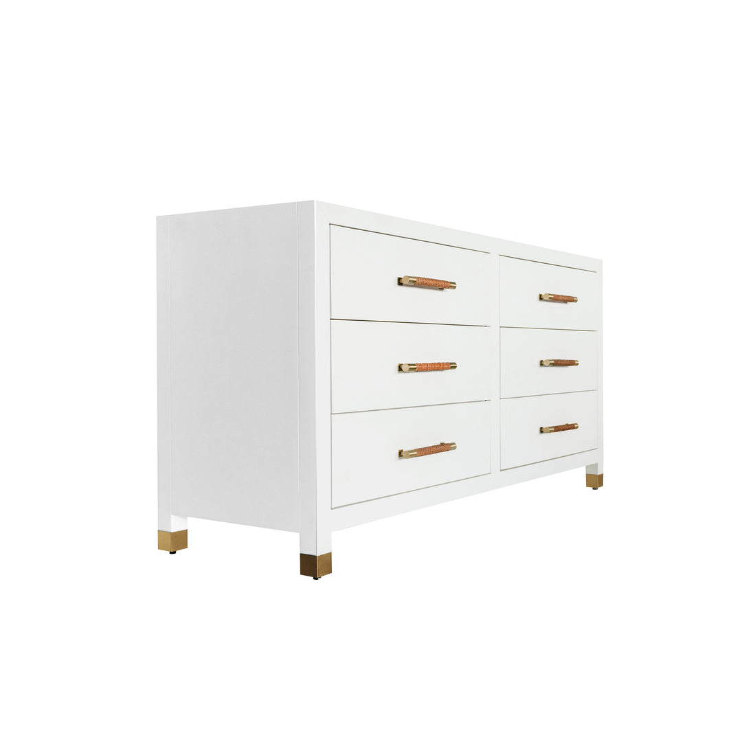 Six Drawer Chest With Rattan Wrapped Handles In Matte White Lacquer - WINCHESTER WH