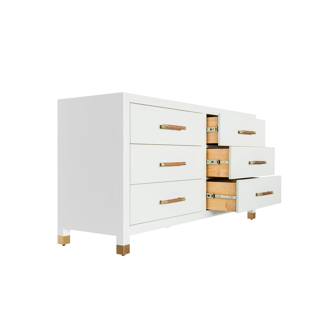 Six Drawer Chest With Rattan Wrapped Handles In Matte White Lacquer - WINCHESTER WH