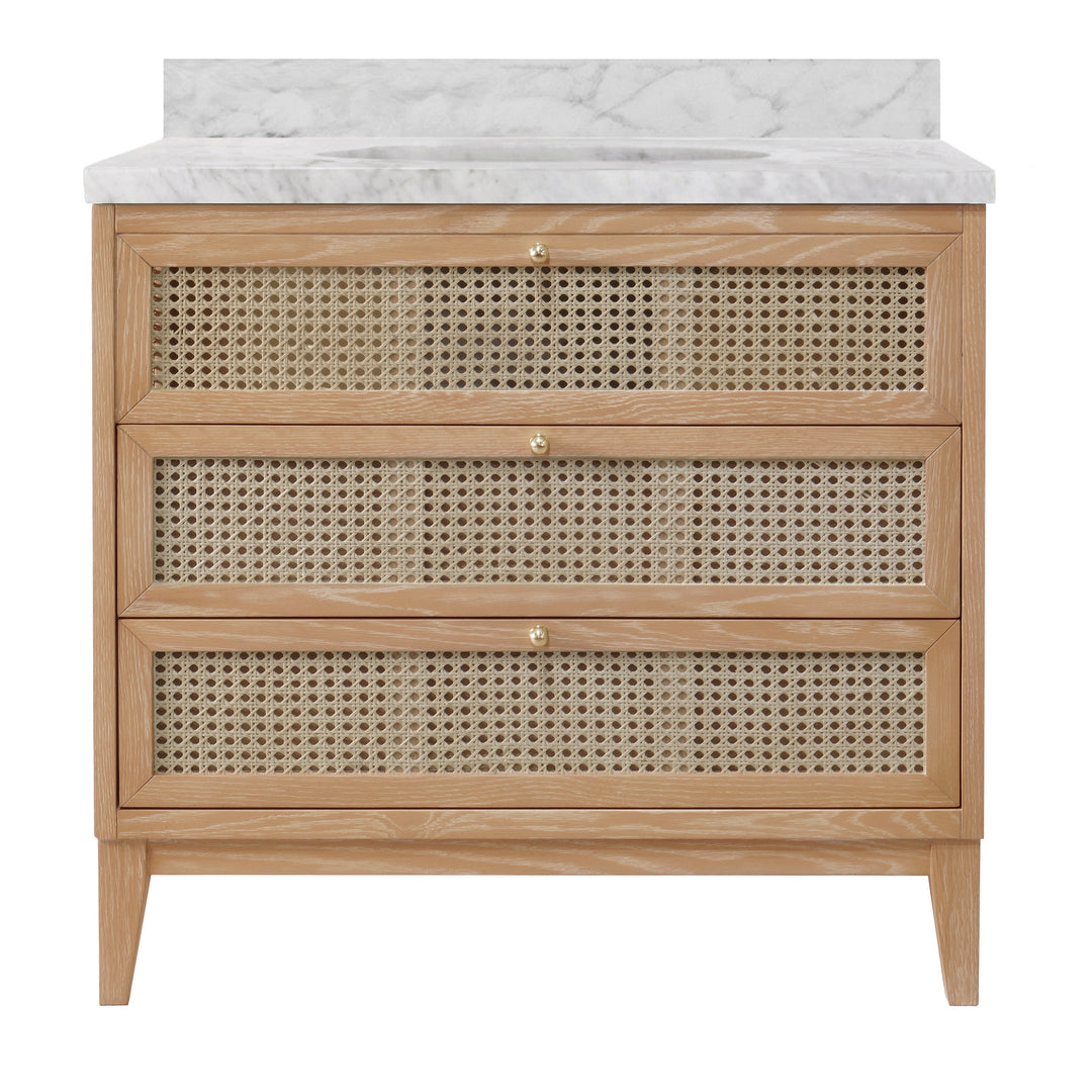 Bath Vanity In Cerused Oak With Cane Front Drawers, White Marble Top, And Porcelain Sink - WYNN CO