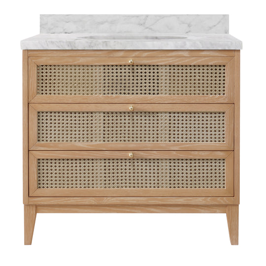 Bath Vanity In Cerused Oak With Cane Front Drawers, White Marble Top, And Porcelain Sink - WYNN CO