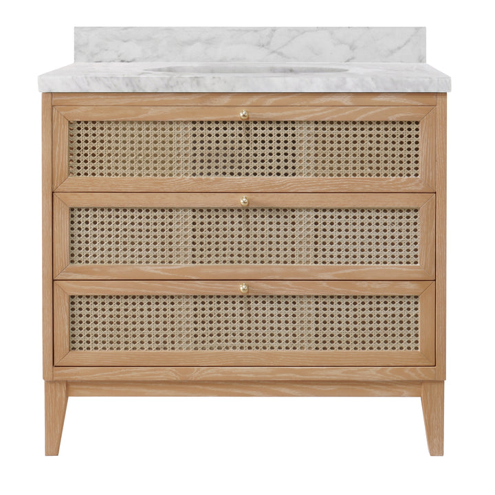 Bath Vanity In Cerused Oak With Cane Front Drawers, White Marble Top, And Porcelain Sink - WYNN CO