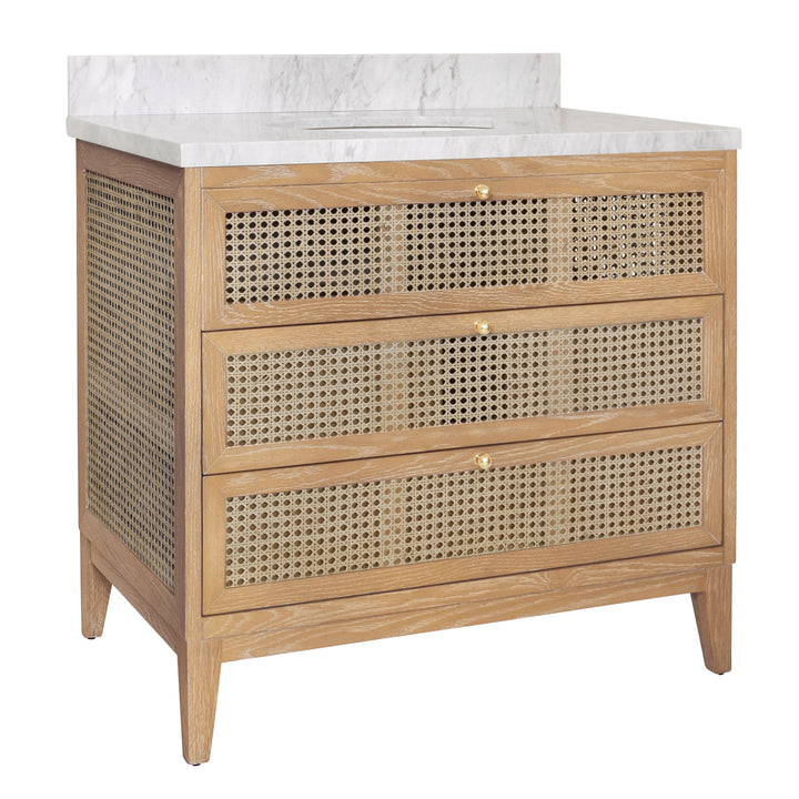 Bath Vanity In Cerused Oak With Cane Front Drawers, White Marble Top, And Porcelain Sink - WYNN CO