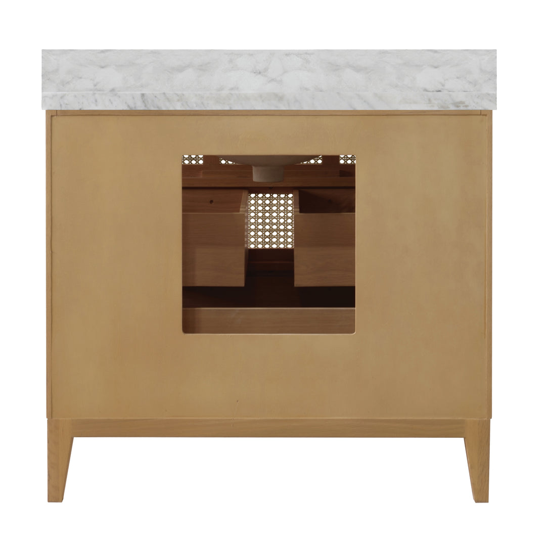 Bath Vanity In Cerused Oak With Cane Front Drawers, White Marble Top, And Porcelain Sink - WYNN CO