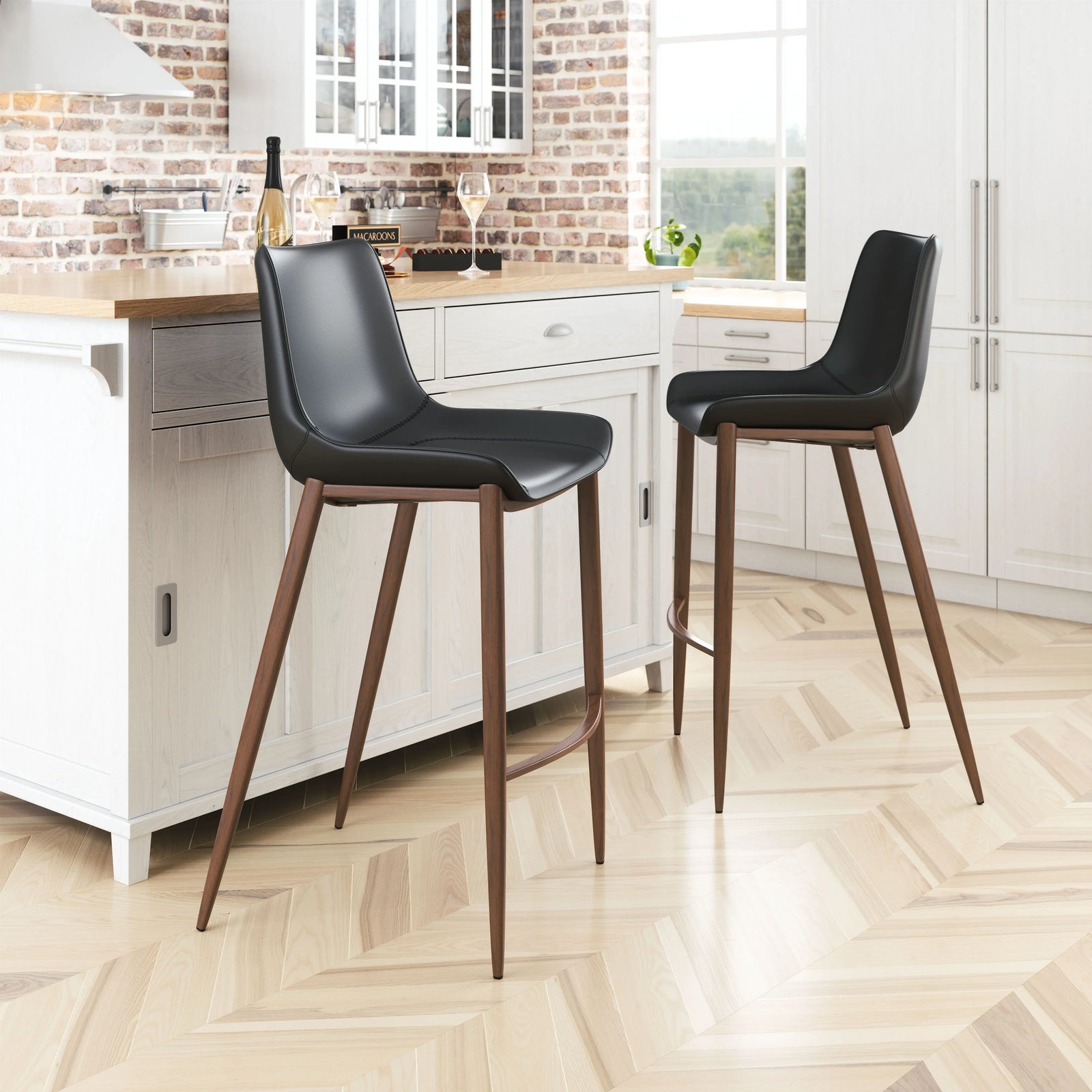 Zuo Magnus Barstool (Set of 2) Black & Walnut BAR STOOLS + COUNTER STOOLS
