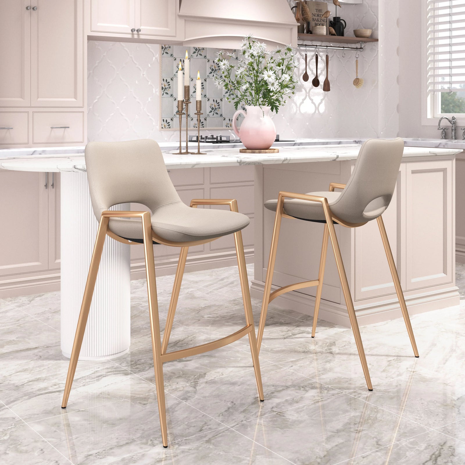 Zuo Desi Counter Stool (Set of 2) Beige & Gold BAR STOOLS + COUNTER STOOLS