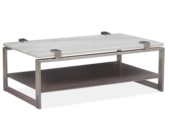Paradox Pearl White And Roasted Almond And Brushed Platinum Rectangular Cocktail Table - T4852-43
