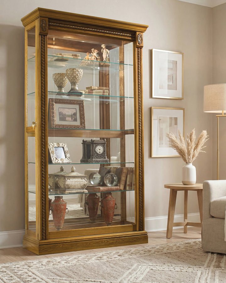 Curios Maple Brown Lighted Sliding Door 5 Shelf Curio Cabinet - 20484