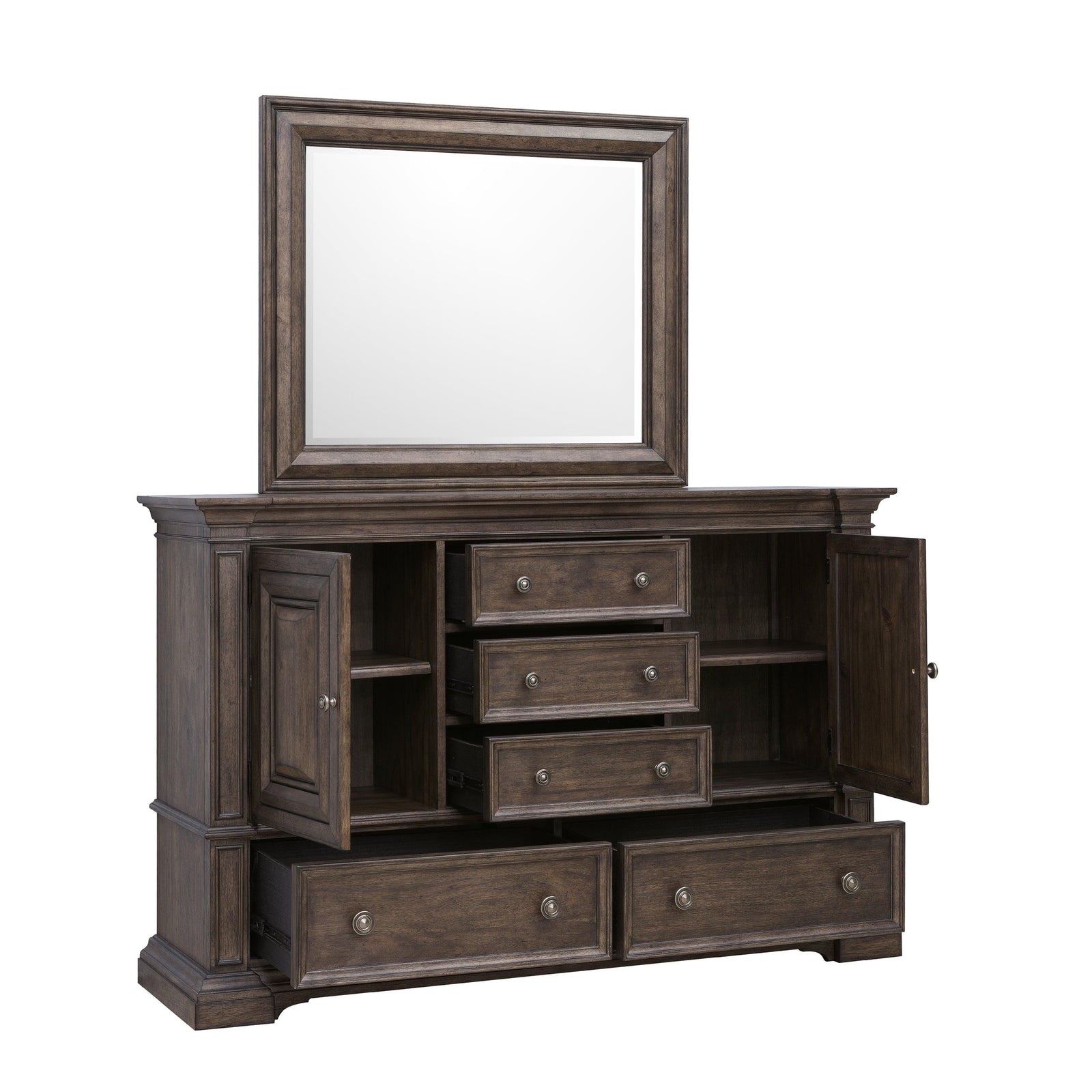 Woodbury 5-Drawer, 2 Cabinet Dresser & Mirror Set - AmericanHomeFurniture