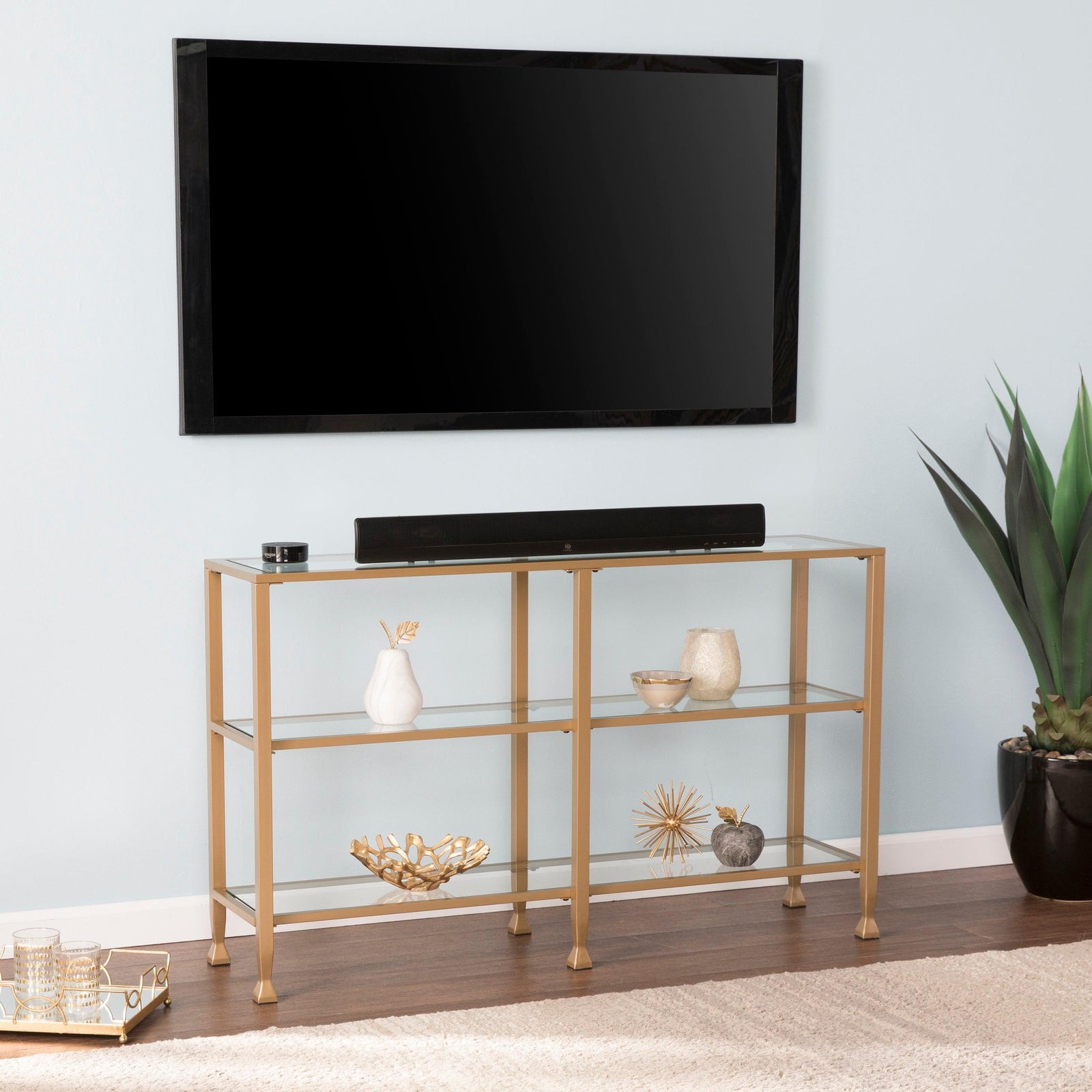 SEI Furniture Jaymes Narrow Metal Console Table w/ Glass Shelves - Gold CONSOLE TABLES