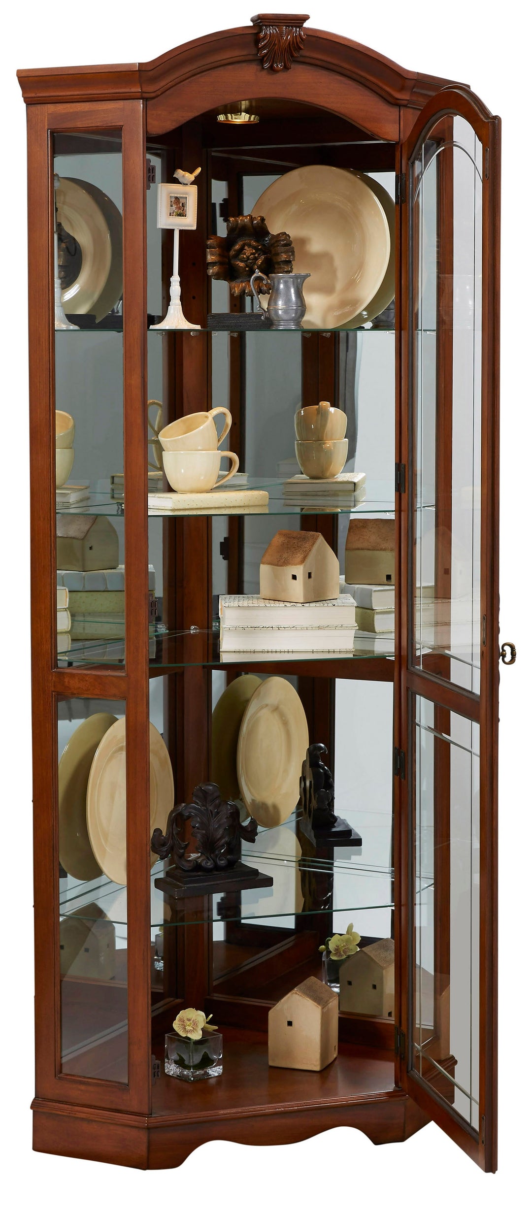 Curios Warm Cherry Brown Mirrored Corner Curio Cabinet - 20671