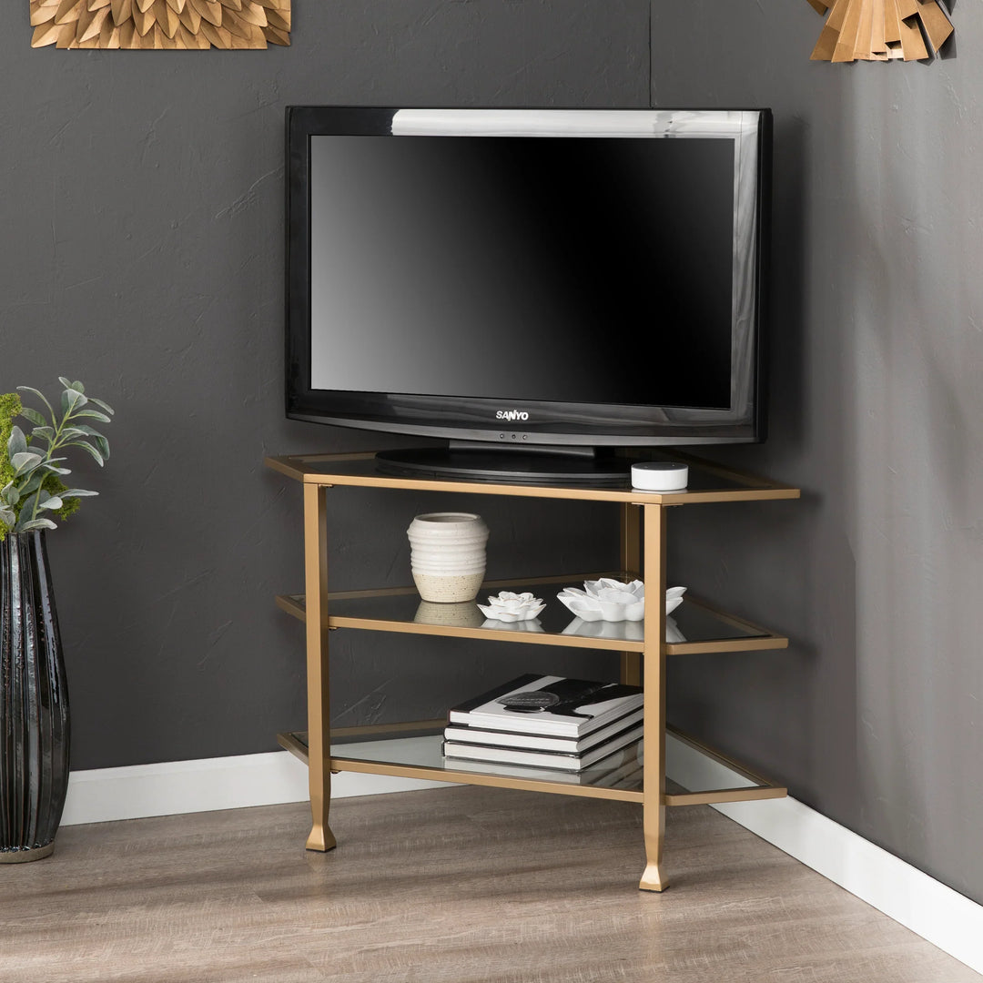 Jaymes Metal/Glass Corner TV Stand - Gold - AmericanHomeFurniture