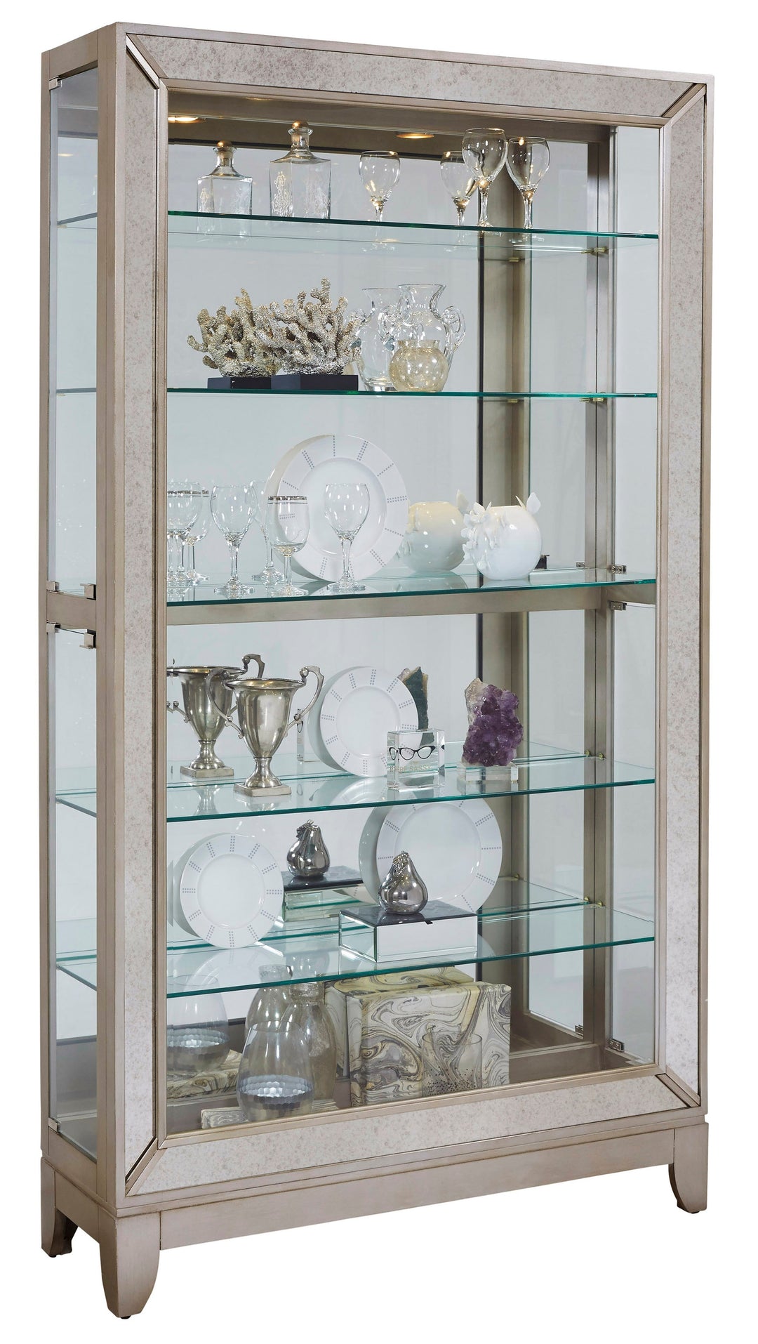 Curios Aged Silver Antique Style 5 Shelf Mirrored Curio Cabinet - 21384