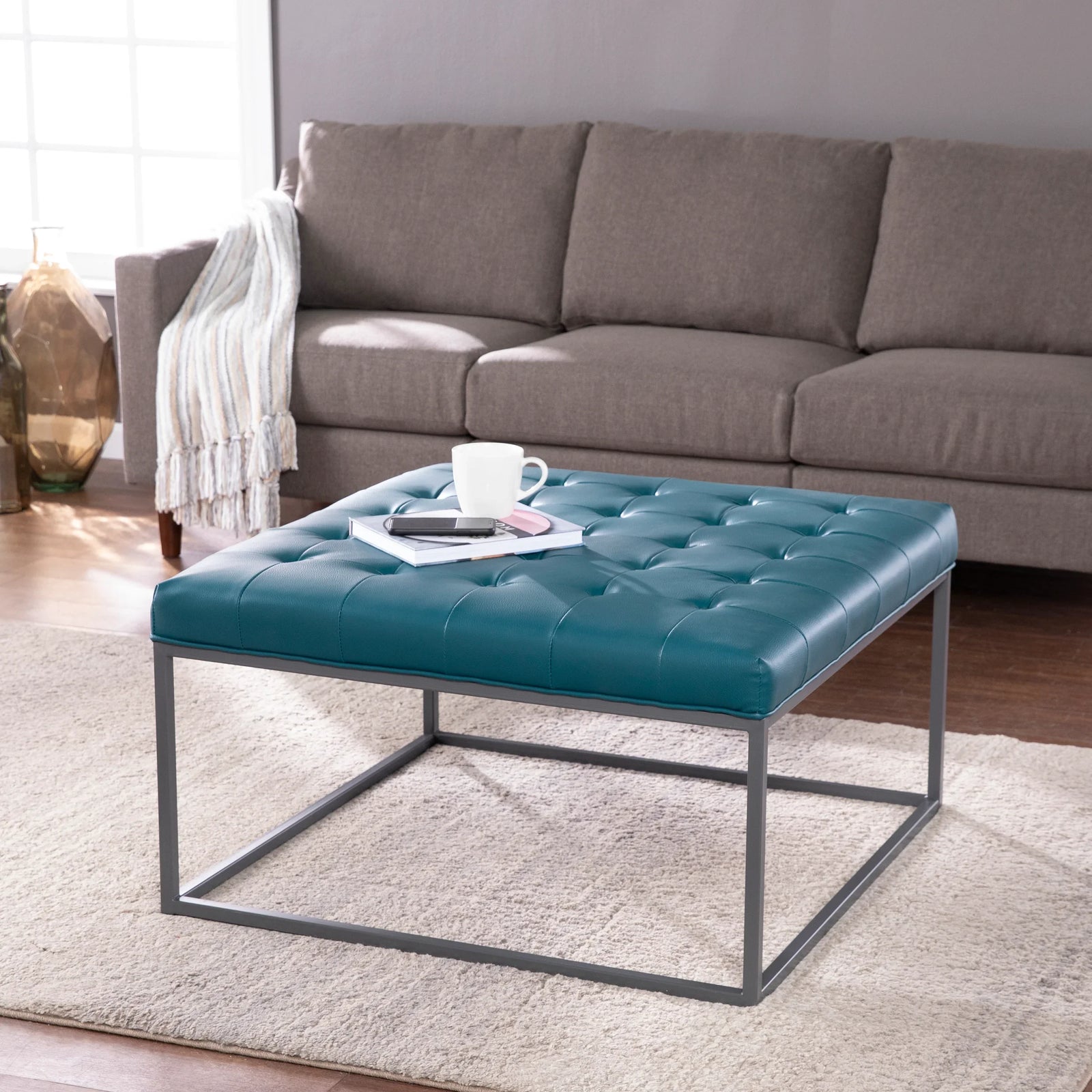 SEI Furniture Ciarin Upholstered Cocktail Ottoman - Blue OTTOMANS, POUFS, + STOOLS
