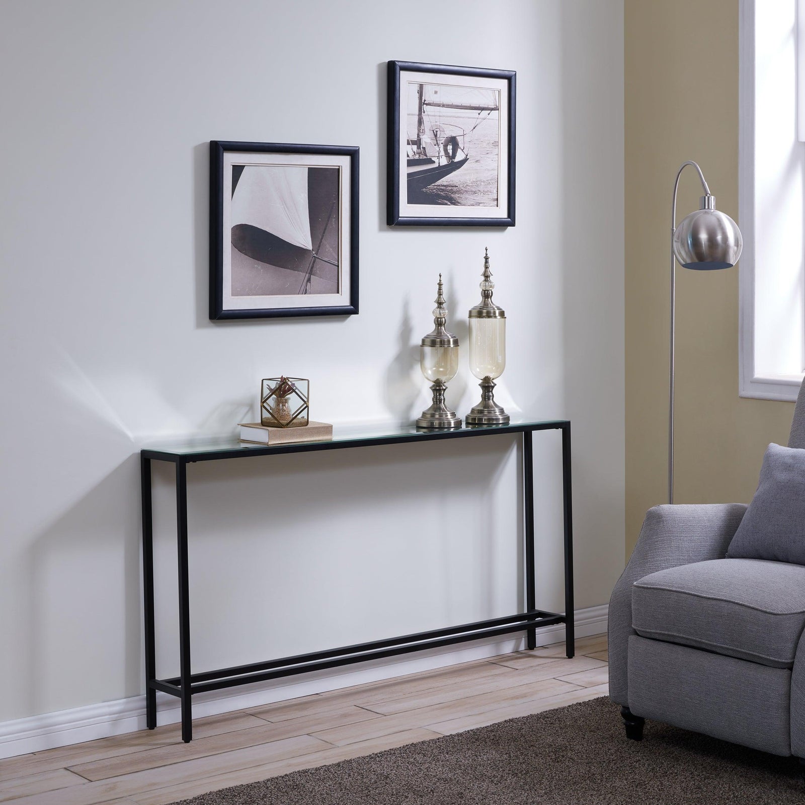 SEI Furniture Darrin Narrow Long Console Table w/ Mirrored Top – Gunmetal Gray CONSOLE TABLES