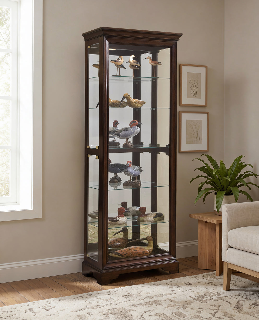Curios Oak Brown Mirrored 5 Shelf Gallery Curio Cabinet - 21308