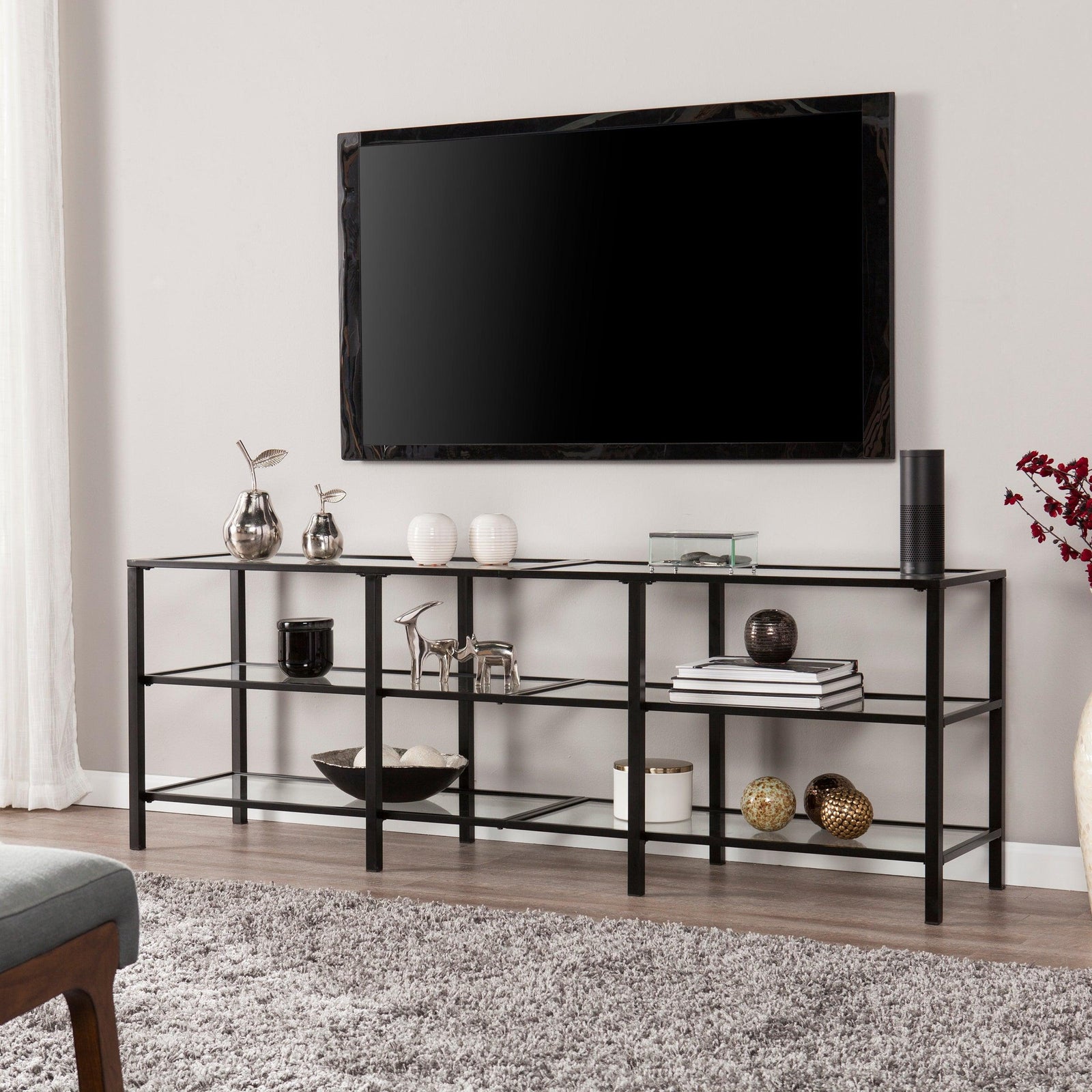 SEI Furniture Tyler Metal/Glass Media Stand – Transitional Style - Black MEDIA + TV STANDS
