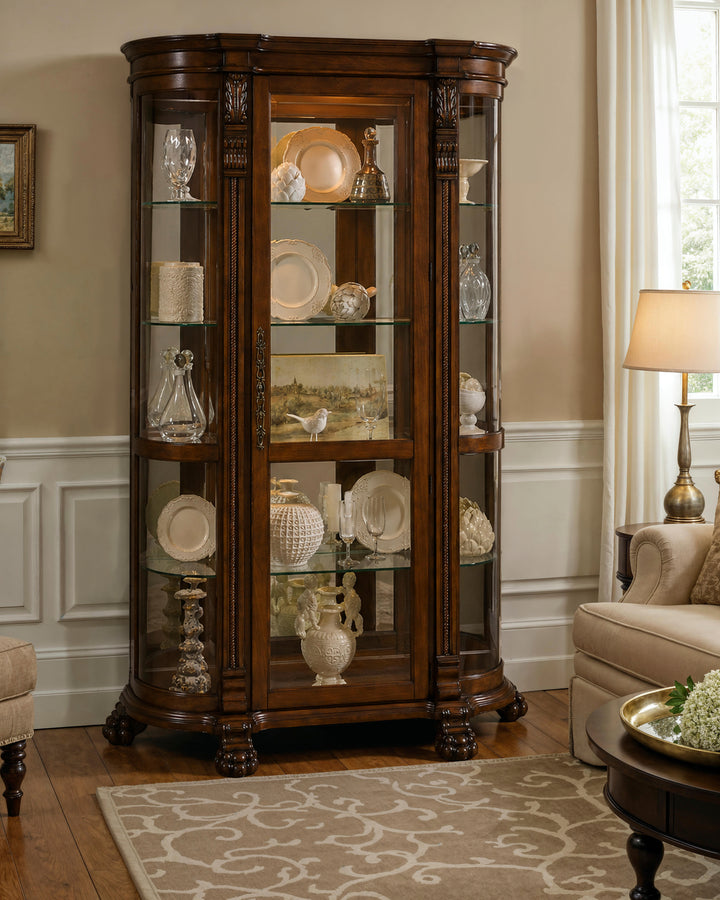 Curios Maple Brown Lighted Curved Front 4 Shelf Curio Cabinet - 102003