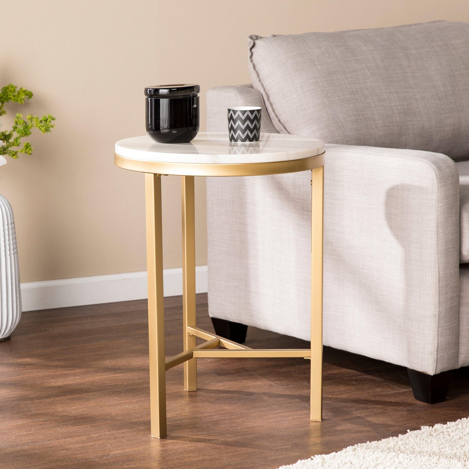 SEI Furniture Garza Marble Side Table - Midcentury Modern Style - Champagne w/ Ivory Marble ACCENT TABLES