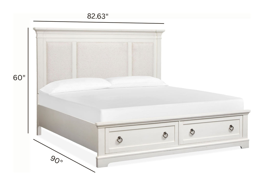 Kingston Whisper White And Cerused Nutmeg Upholstered Panel Storage Bed